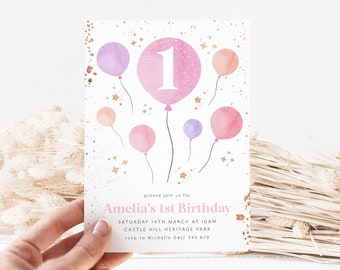 1st Birthday Invitation, Balloons Birthday Invitation, Pink Birthday Invite, 1st Birthday Girl, Girls First Birthday Balloon Invitation Pink