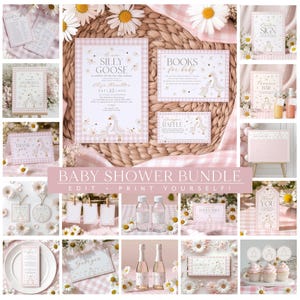 Silly Goose Baby Shower Invitation Bundle, Daisy Geese Baby Shower Invite, Pink Gingham, Goose Baby Shower Decorations Printable, Baby Girl