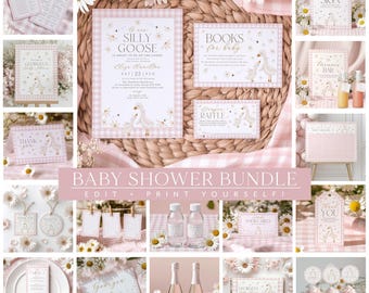 Silly Goose Baby Shower Invitation Bundle, Daisy Geese Baby Shower Invite, Pink Gingham, Goose Baby Shower Decorations Printable, Baby Girl