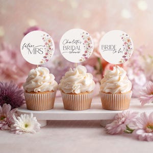 Wildflower Cupcake Toppers, Bridal Shower Cupcake Toppers, Printable Cupcake Topper, Editable Cupcake Toppers, Pink Floral Bridal Cupcake