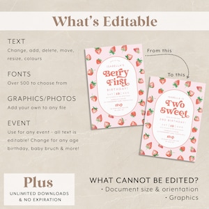 May include: Editable template for a birthday party invitation with a pink background and a strawberry pattern. The text says "Isabella's Berry First Birthday!" and "Isabella is Two Sweet 2nd Birthday!"