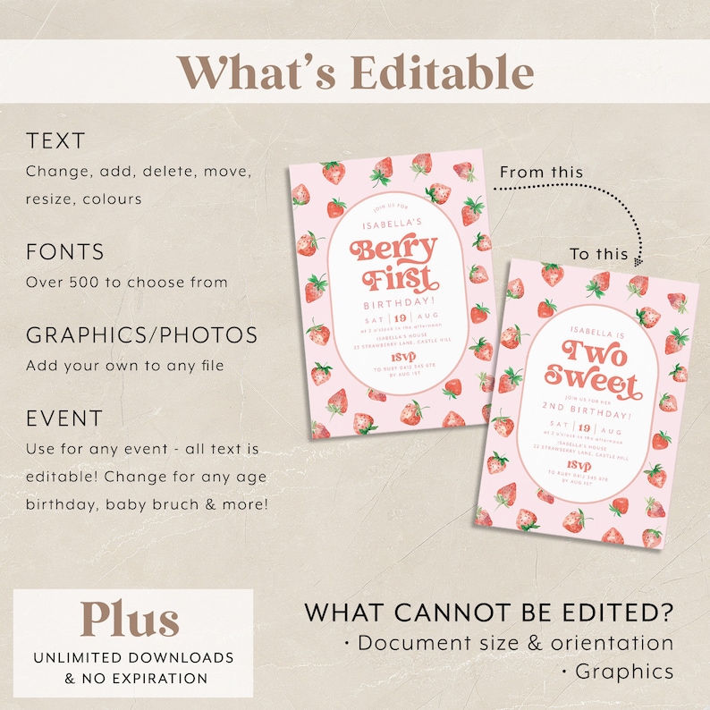 May include: Editable template for a birthday party invitation with a pink background and a strawberry pattern. The text says "Isabella's Berry First Birthday!" and "Isabella is Two Sweet 2nd Birthday!"