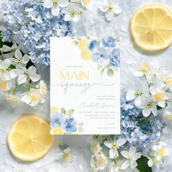 Main Squeeze Bridal Shower Invitation, Lemon Bridal Shower, Citrus Bridal Shower Invitation, Blue Mediterranean Lemon Theme, Blue Lemons
