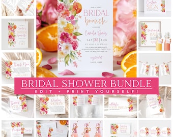 Citrus Bridal Shower Bundle, Main Squeeze Bridal Shower Invitation Bundle Editable Games, Printable Citrus Bridal Bundle Floral Pink Oranges