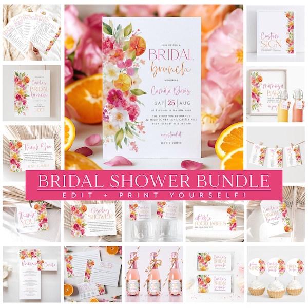 Citrus Bridal Shower Bundle, Main Squeeze Bridal Shower Invitation Bundle Editable Games, Printable Citrus Bridal Bundle Floral Pink Oranges