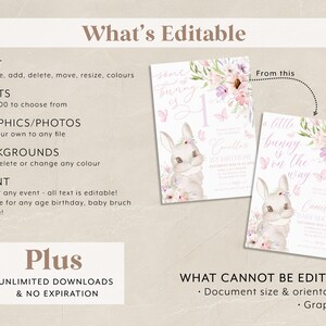 May include: A light beige invitation design with a bunny illustration, floral accents, and the text "some bunny is 1" and "a little bunny is on the way." The design includes editable text, fonts, graphics, and backgrounds for various events.