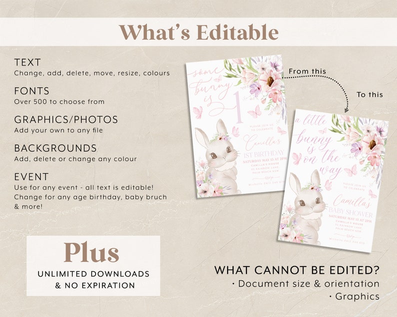 May include: A light beige invitation design with a bunny illustration, floral accents, and the text "some bunny is 1" and "a little bunny is on the way." The design includes editable text, fonts, graphics, and backgrounds for various events.