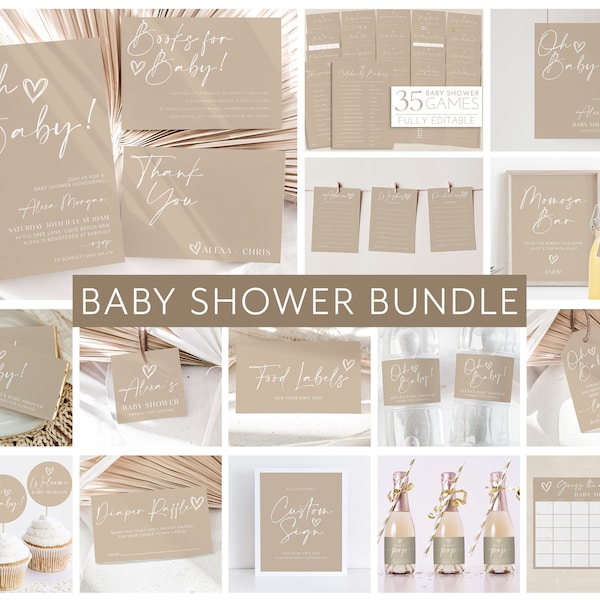 Neutral Baby Shower Invitation Bundle, Printable Gender Neutral Baby Shower Invite, Minimal Baby Shower Games, Beige Baby Shower Decorations