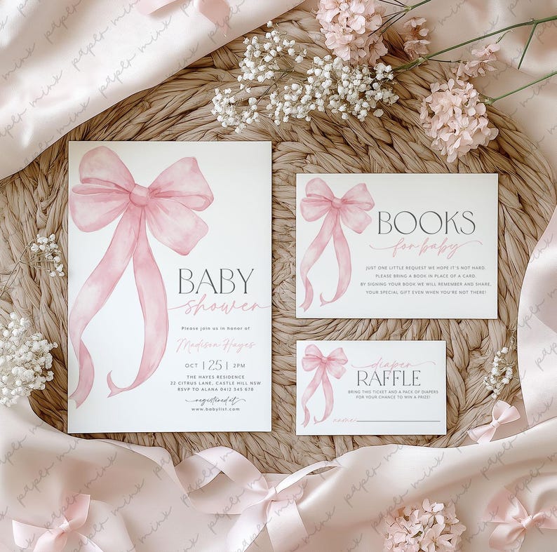 May include: Three printable cards for a baby shower. The cards are white with a pink watercolor bow on each. The first card says "Baby Shower" and includes the date, time, and location of the event. The second card says "Books for Baby" and includes a request for guests to bring a book in place of a card. The third card says "Diaper Raffle" and includes instructions for the raffle.