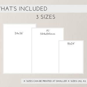May include: Image showing three white rectangular prints of different sizes. The text at the top says "WHAT'S INCLUDED" and "3 SIZES". The sizes are 24x36 inches, A1 (594x841mm), and 18x24 inches. The bottom text says "'A' SIZES CAN BE PRINTED AT SMALLER 'A' SIZES (A2, A3, A4 ETC.)".