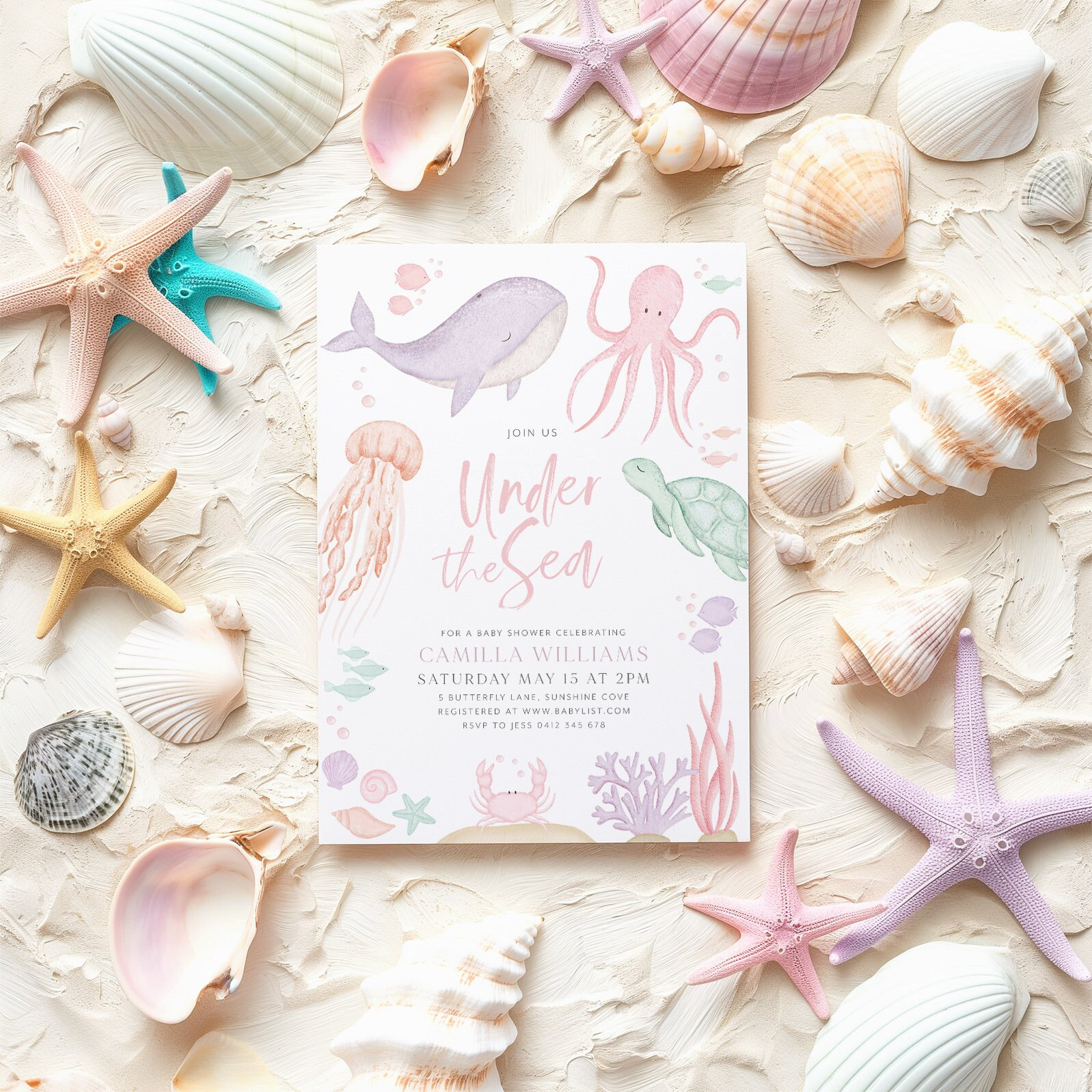Under the Sea Baby Shower Invitation Girl, Sea Animal Invitation Template, Baby Shower Girl, Pink Under the Sea Invite, Whale Turtle Ocean