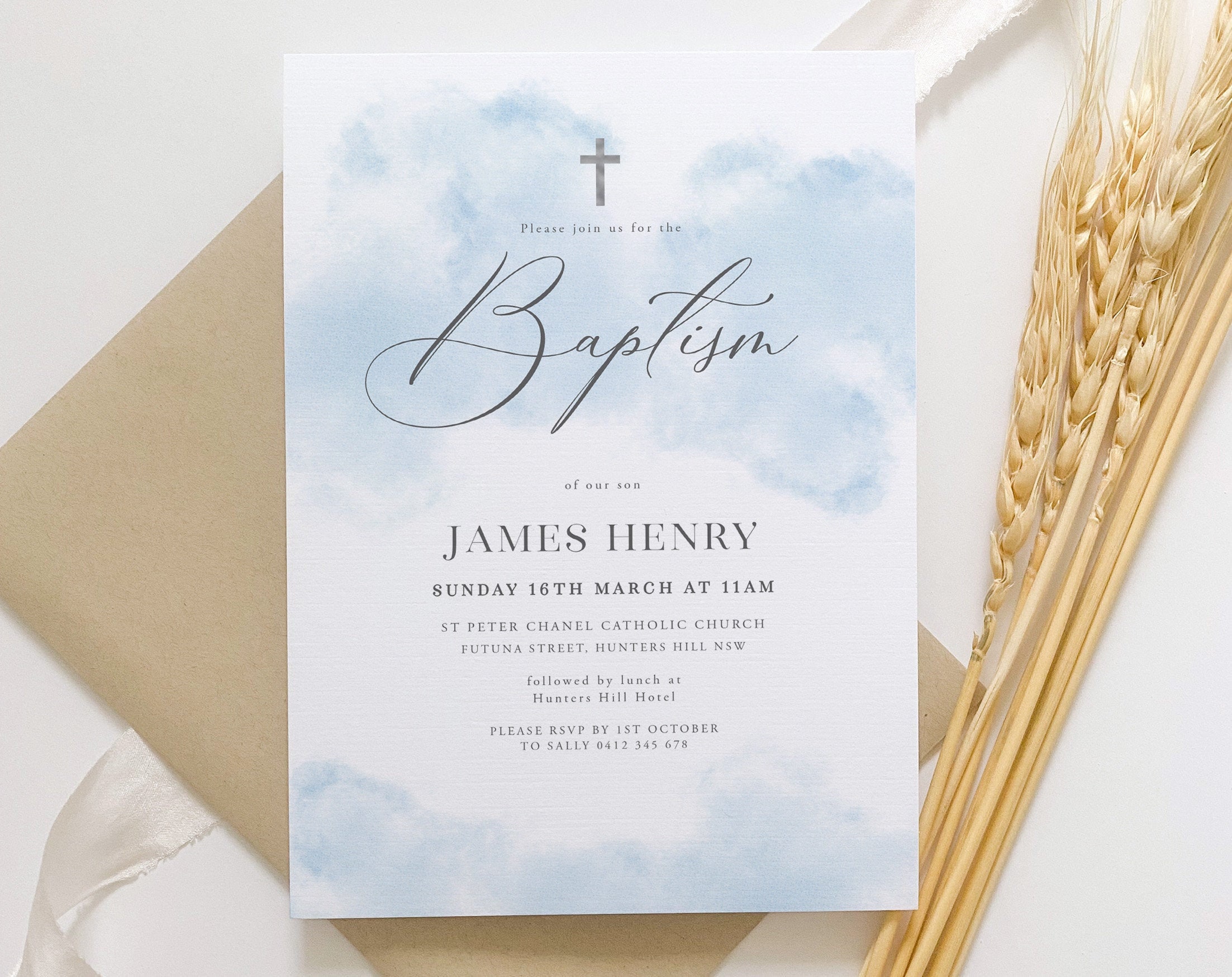 Baptism Boy Invitation, Blue Christening Invitation Template, Light Blue Watercolour, Boys Blue Silver, Printable Baptismal Invitation