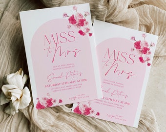 Bridal Shower Invitation, Hot Pink Roses, Bright Pink Invitation, Pink Floral Invitation, Miss to Mrs Invitation, Printable Template, Arch