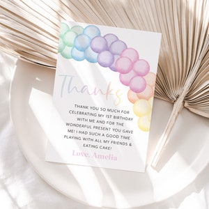 Pastel Rainbow Thank You Card Template, Printable Thank You Card, Girls Birthday Thank You Card Editable Template,  Birthday Party Thank You