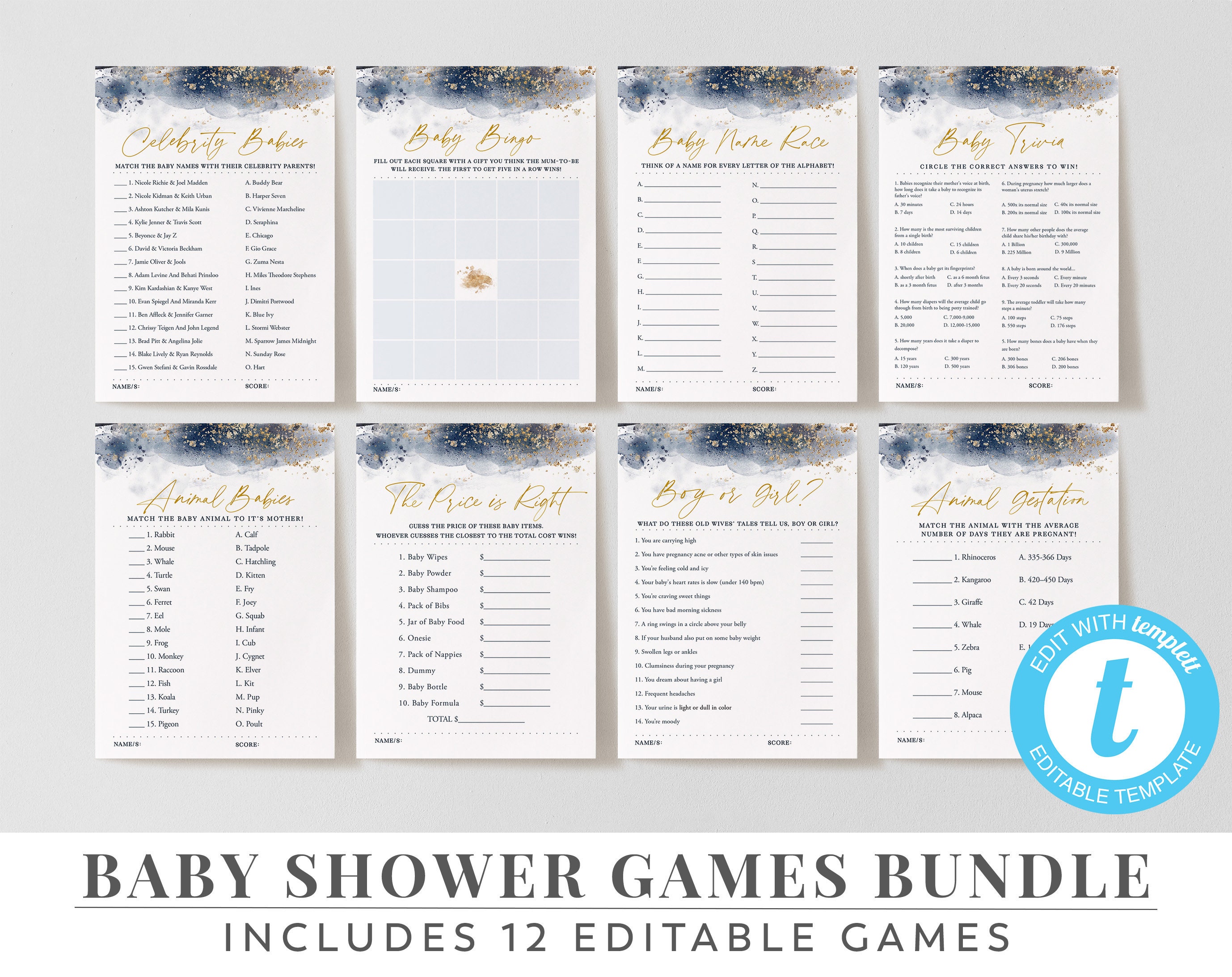 Baby Shower Games Boy Baby Shower Games Navy and Gold | Etsy