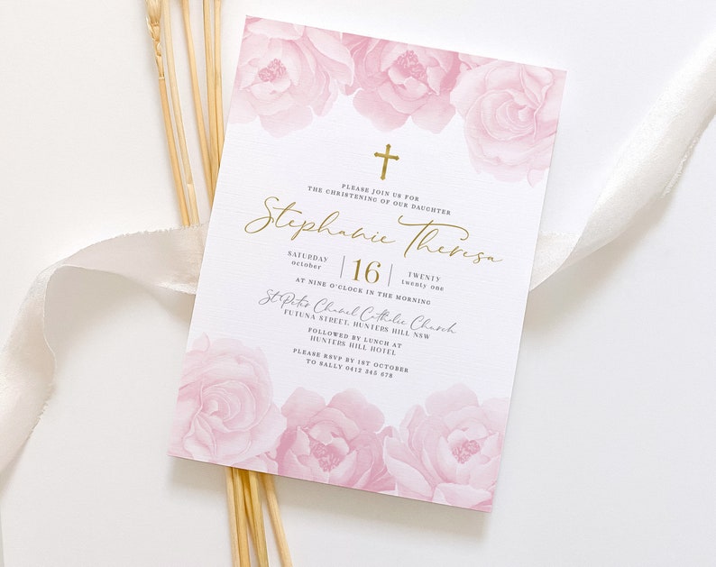 Christening Invitation Girl Baptism Invitation Template Pink Floral Christening Invite Gold Printable Invitation Baby Girl Invitation