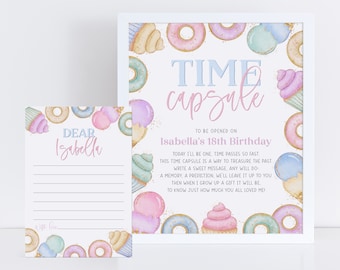 May include: A printable time capsule card with a pink and blue donut and cupcake theme. The card says "Time Capsule" and "To be opened on Isabella's 18th Birthday".