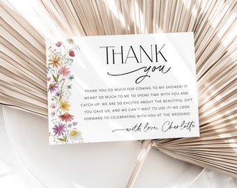 Wildflower Thank You Card Template, Printable Thank You Card Instant Download Thank You Card, Bridal Shower Thank You, Pink Floral Thank You