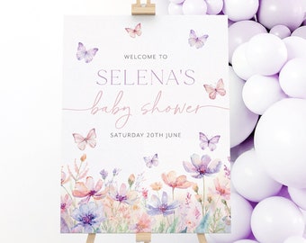 Butterfly Welcome Sign Printable, Butterfly Baby Shower Welcome Sign, Purple Pink Butterflies Baby Shower Welcome Sign, Girl Baby Shower
