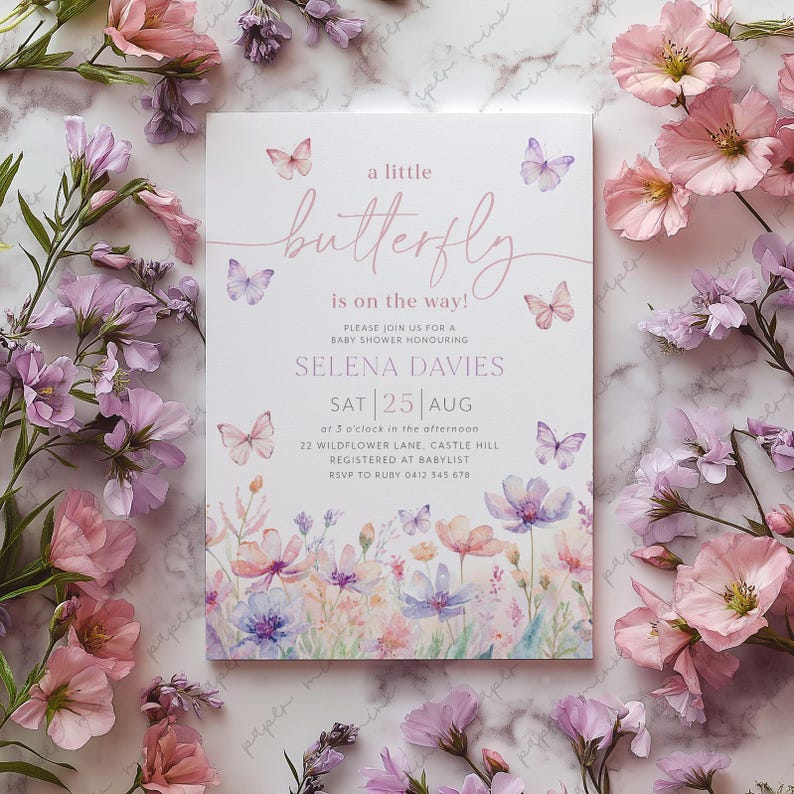 Butterfly Baby Shower Invitation, Purple Butterfly Invitation Template, Butterfly Baby Shower Invitation Girl, Butterflies and Flowers Pink image 2