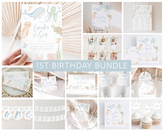 Oneder the Sea Birthday Invitation Bundle, Under the Sea 1st Birthday Invite, 1st Birthday Boy, Under the Sea Party Decorations Ocean Animal