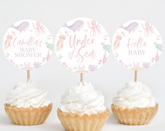 Under the Sea Baby Shower Cupcake Toppers, Ocean Animals Cupcake Toppers, Printable Cupcake Toppers, Editable Toppers, Girl Baby Shower Pink