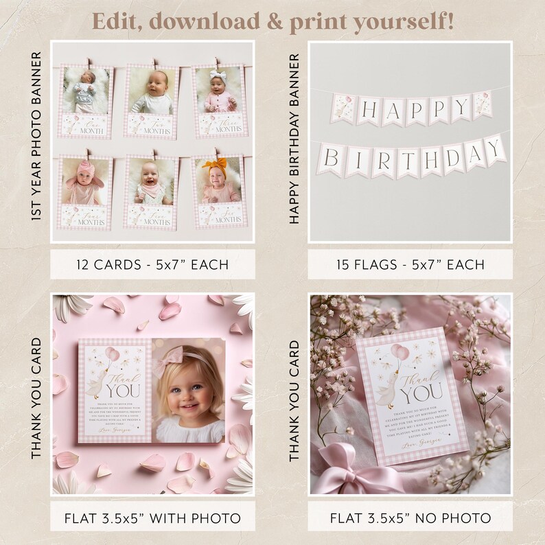 May include: A set of printable party decorations for a first birthday. The set includes a banner with the words "Happy Birthday", 12 photo cards, 15 flags, and two thank you cards. One thank you card has a photo frame and the other does not.