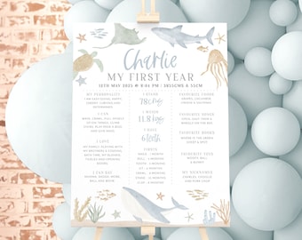 May include: A blue and white illustrated poster with the text "Charlie My First Year" and details about the child's first year of life, including weight, height, favorite foods, and firsts. The poster is decorated with sea creatures and stars.