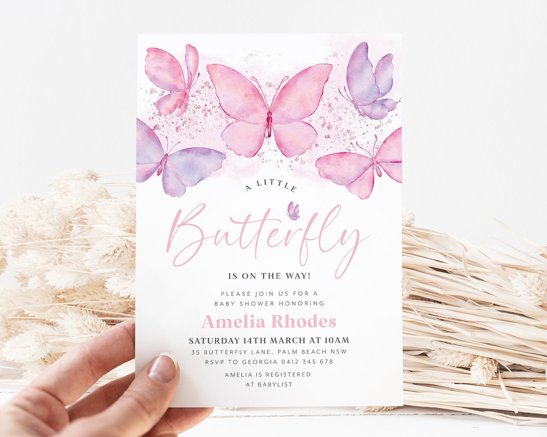 Butterfly Baby Shower Invitation, Pink Butterfly Invitation Template