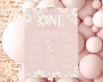 Daisy Birthday Milestone Sign Pink, Onederful Daisy 1st Birthday Milestone Board, Milestone Poster Printable, Baby First Year Stats Daisy