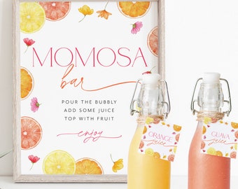 Citrus Momosa Bar Sign, Main Squeeze Mimosa Sign, Citrus Baby Shower Mom-osa Bar Sign, Juice Labels, Mimosa and Juice Labels Bright Orange
