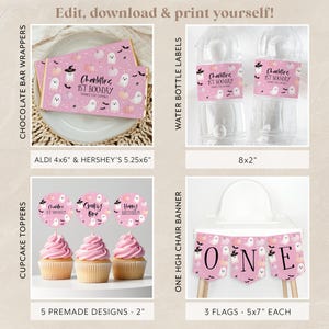 May include: Printable Halloween party decorations in pink and white with a ghost and pumpkin theme. Includes cupcake toppers, chocolate bar wrappers, water bottle labels, and a high chair banner. The text on the decorations says "Charlotte's 1st Boo-Day".