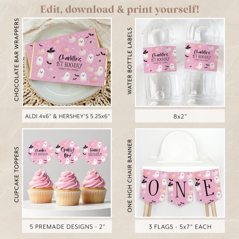 May include: Printable Halloween party decorations in pink and white with a ghost and pumpkin theme. Includes cupcake toppers, chocolate bar wrappers, water bottle labels, and a high chair banner. The text on the decorations says "Charlotte's 1st Boo-Day".
