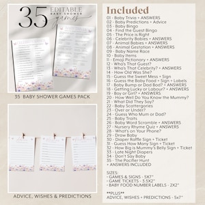 May include: A printable pack of 35 baby shower games with a pink and purple floral design. The games include baby trivia, baby bingo, celebrity babies, and more. The pack also includes advice, wishes, and predictions cards.