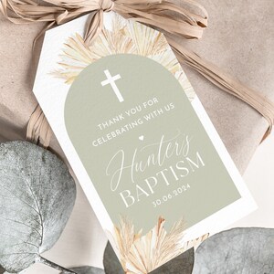 Sage Green Baptism Favour Tags, Editable Tags, Christening Favor Tags, Boho Favour Tags, Green Thank You Tag, Baptism Gift Tags Rectangle
