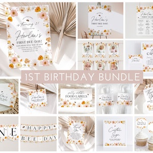 First Bee Day Birthday Invitation Bundle, Printable Invitation 1st Birthday, Bee Birthday Decor Printable First Birthday Bee Invitation Girl