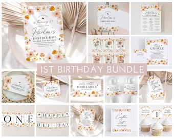 First Bee Day Birthday Invitation Bundle, Printable Invitation 1st Birthday, Bee Birthday Decor Printable First Birthday Bee Invitation Girl