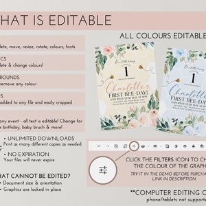 May include: Digital invitation design for a first birthday, featuring the text "Charlotte's First Bee-Day!" in pink and blue. The design includes floral and bee graphics. Instructions on what can be edited are also included.
