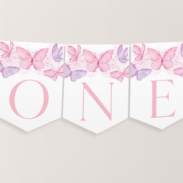 Butterfly High Chair Banner Printable, Butterfly 1st Birthday Banner For High Chair, Pink Butterfly 1st Birthday Decor, High Chair Banner