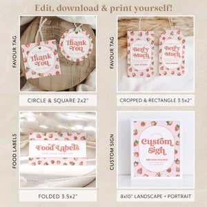 May include: Printable digital download of strawberry-themed party favor tags, food labels, and a custom sign. The tags feature a pink background with red strawberries and the text "A Berry Big Thank You" and "Thank You Berry Much". The food labels have a pink background with red strawberries and the text "Food Labels, Add Your Own Text". The custom sign has a pink background with red strawberries and the text "Custom Sign, Add Your Own Text".