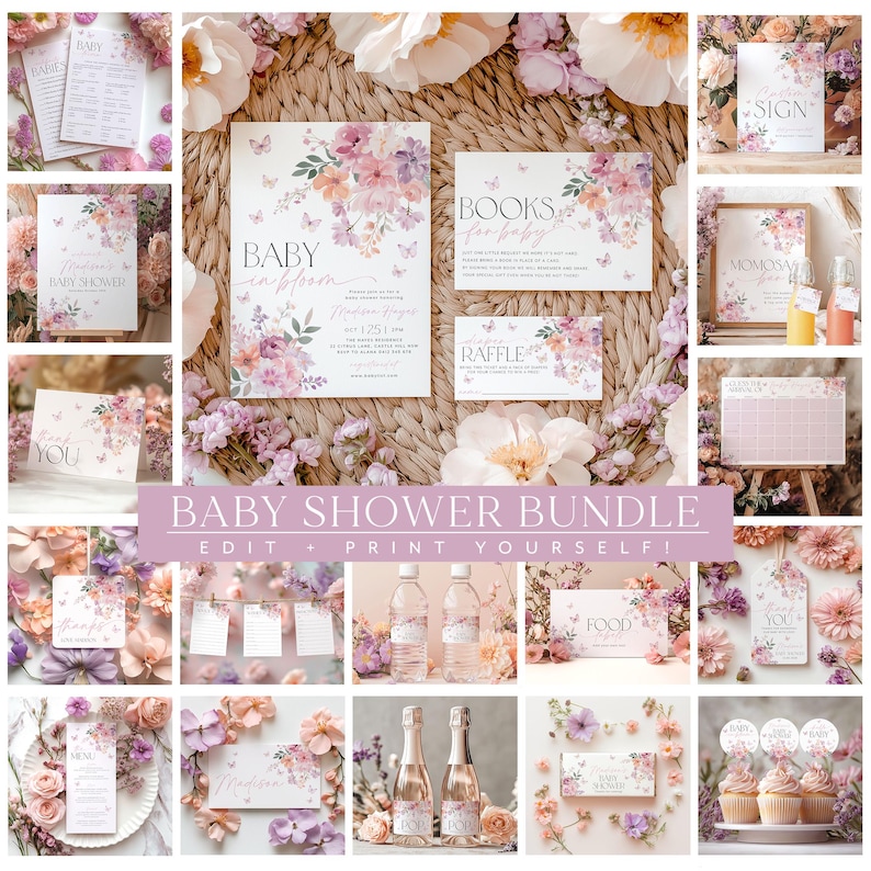 Pu&ograve; includere: Un set di articoli per baby shower stampabile a tema floreale. Il set include inviti, etichette per il cibo, etichette per le bottiglie d'acqua, decorazioni per cupcake e altro ancora. Il design presenta un motivo floreale ad acquerello con farfalle in tonalit&agrave; di rosa, viola e pesca.