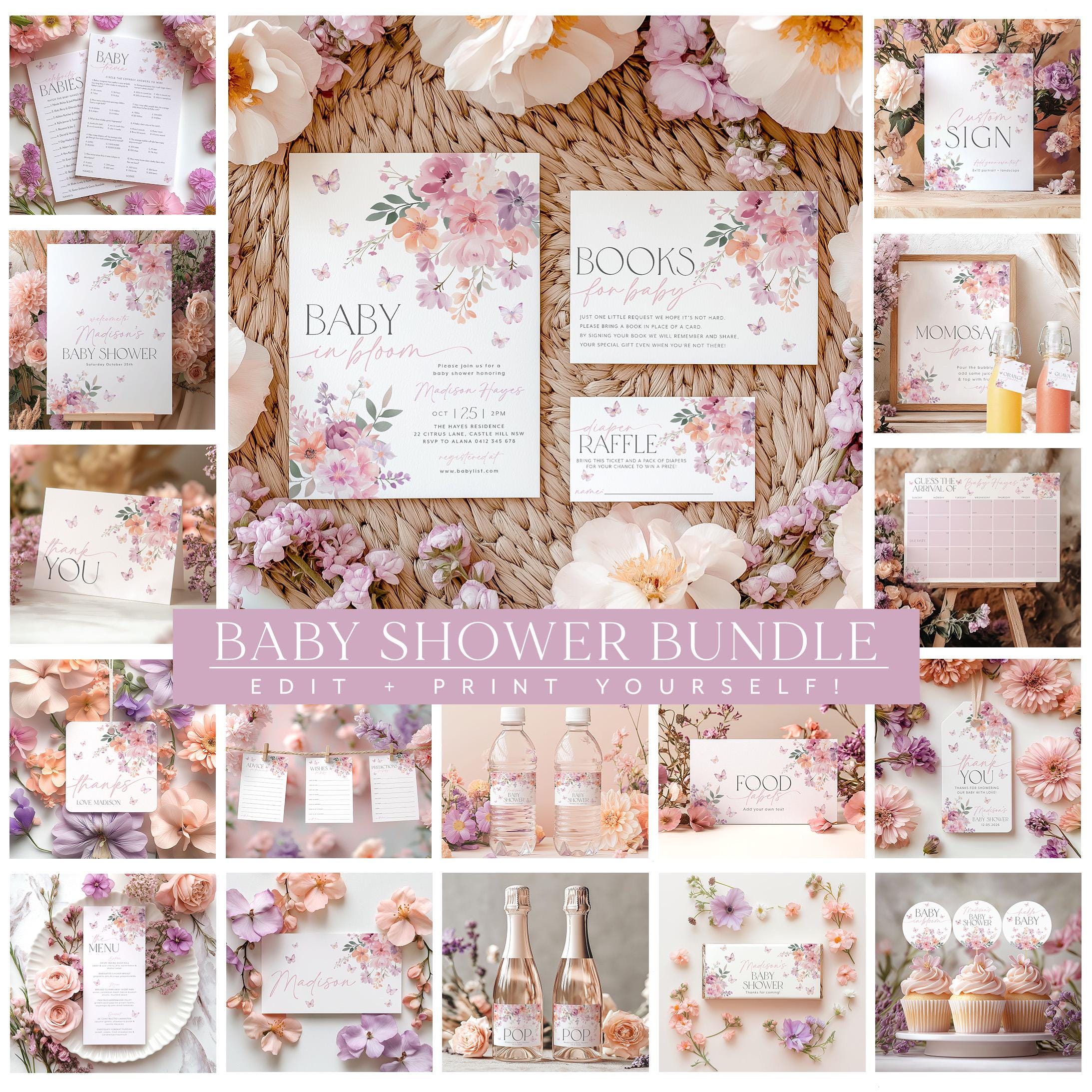 Baby in Bloom Baby Shower Invitation Bundle Printable, Wildflower Baby Shower Invitation and Editable Games, Floral Baby Shower Decorations
