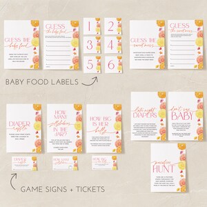 May include: A set of printable baby shower game cards with a citrus theme. The cards feature a watercolor design with lemons, oranges, and pink flowers. The games include "Guess the Baby Food", "Guess the Sweet Mess", "Diaper Raffle", "How Many Jellybabies in the Jar", "How Big is Her Belly", "Late Night Diapers", "Don't Say Baby", and "Pacifier Hunt".