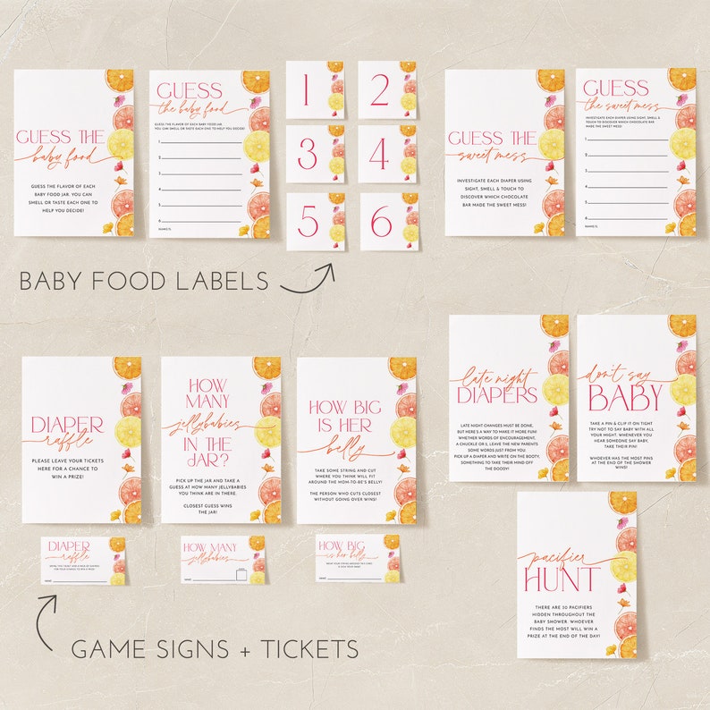 May include: A set of printable baby shower game cards with a citrus theme. The cards feature a watercolor design with lemons, oranges, and pink flowers. The games include "Guess the Baby Food", "Guess the Sweet Mess", "Diaper Raffle", "How Many Jellybabies in the Jar", "How Big is Her Belly", "Late Night Diapers", "Don't Say Baby", and "Pacifier Hunt".