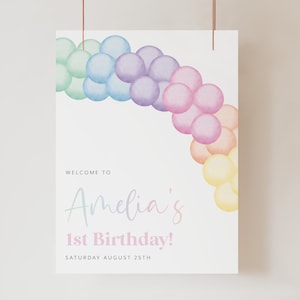 1st Birthday Welcome Sign, Pastel Rainbow Welcome Sign, Rainbow Birthday, Pastel Balloons 1st Birthday, Printable Birthday Welcome Sign