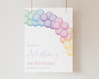 1st Birthday Welcome Sign, Pastel Rainbow Welcome Sign, Rainbow Birthday, Pastel Balloons 1st Birthday, Printable Birthday Welcome Sign