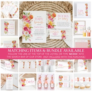 May include: A collection of baby shower stationery with floral and citrus designs. Includes invitations, signs, thank you cards, and labels. The text includes "Baby Brunch", "Books for Baby", and "Diaper Raffle".