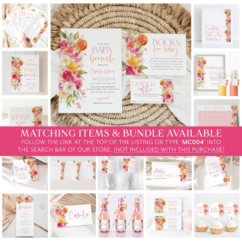 May include: A collection of baby shower stationery with floral and citrus designs. Includes invitations, signs, thank you cards, and labels. The text includes "Baby Brunch", "Books for Baby", and "Diaper Raffle".
