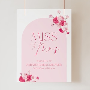 Pink Bridal Shower Welcome Sign Printable, Miss To Mrs Welcome Sign, Editable Welcome Sign Kitchen Tea, Pink Floral Welcome Sign, Hot Pink