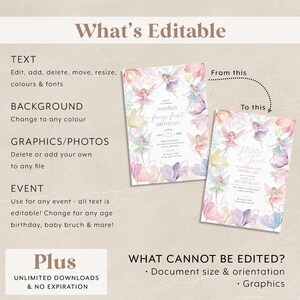 May include: Editable invitation template featuring a fairy theme with a watercolor background. The text reads "Amelia's Fairy First Birthday!" with a date and time. The template is customizable with text, colors, and graphics.